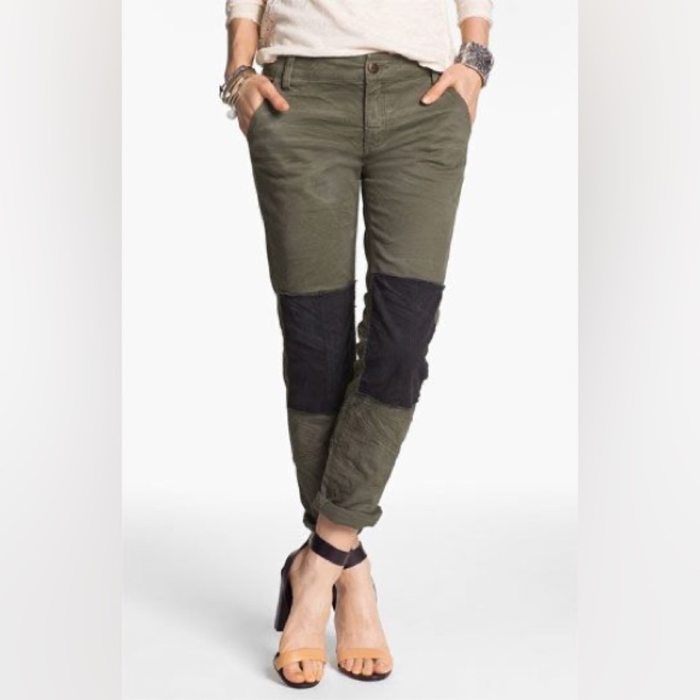 Free People Utility Olive Green Twill Pants with Black Knee Patches